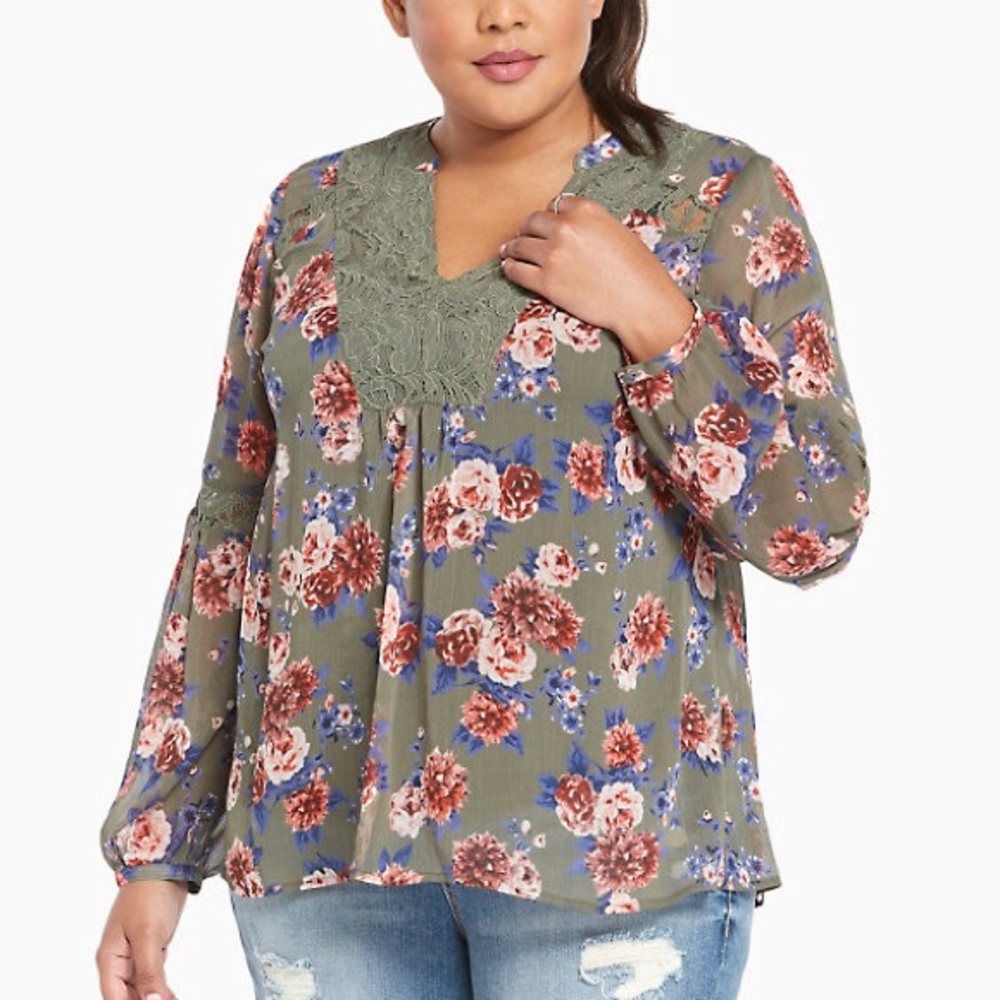Torrid FLORAL PRINT CHIFFON LACE INSET
